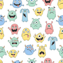 Fototapeta premium Seamless pastel funny monsters with silly expressions on a white background