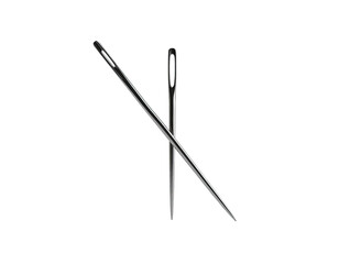 Two metal needles, sharply pointed, crossing against a solid black background