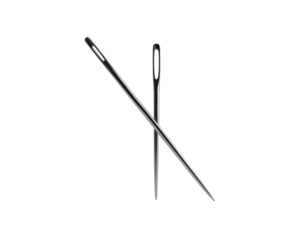 Two metal needles, sharply pointed, crossing against a solid black background