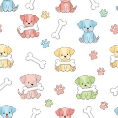 Obraz premium Seamless pastel puppies with bones and paw prints on a white background