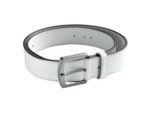 White leather belt with metallic buckle, coiled on a black background
