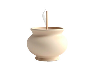 Beige ceramic pot with a burning incense stick, isolated on black