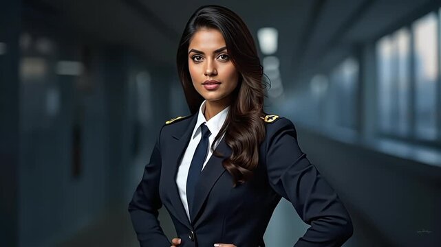 Confident businesswoman in professional attire poses indoors with a serious expression