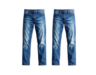Two pairs of classic blue jeans, side-by-side, against a solid black background