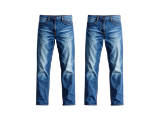 Two pairs of classic blue jeans, side-by-side, against a solid black background