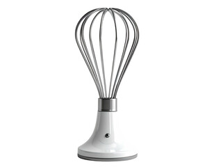 A shiny, white handheld mixer with a metal whisk against a black background