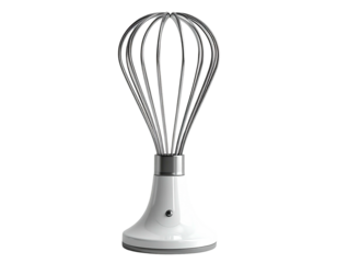 A shiny, white handheld mixer with a metal whisk against a black background