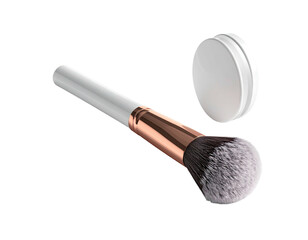 Makeup brush with rose-gold ferrule, white handle, and a cosmetic compact