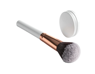 Makeup brush with rose-gold ferrule, white handle, and a cosmetic compact