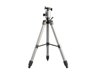 Silver and black photographic tripod stands ready on a black background