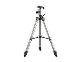 Silver and black photographic tripod stands ready on a black background