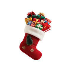 Red christmas stocking overflowing with colorful wrapped gifts isolated on transparent background