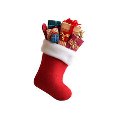 Red knitted christmas stocking overflowing with colorful wrapped gifts isolated on transparent background