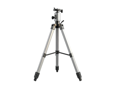 Silver and black photographic tripod stands ready on a black background