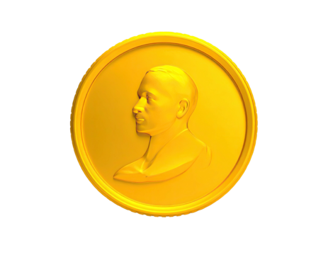 A rendered golden coin featuring a bust of a man in profile, against black