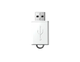 A white USB flash drive, with a USB connector, against a black background