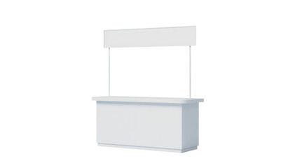 Blank white promotional booth display stand with header for marketing events and product demonstrations