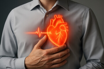 Close up torso glowing red anatomical heart with pulse line human hand on chest health concept medical illustration heartbeat cardiology stress male shirt