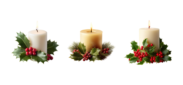 Three festive christmas candles decorated with holly and berries isolated on transparent background