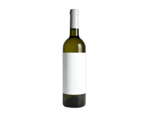 A single green-tinted glass bottle of wine stands centered on black background