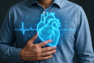 Holographic heart cardiology healthcare technology digital medical heartbeat innovation chest male futuristic concept science anatomy health monitoring pulse virtual diagnosis blue modern