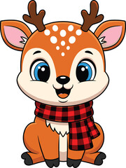 Cute cartoon baby deer wearing red scarf, adorable reindeer character illustration, winter animal design for kids, holiday season art