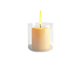 Lit candle in clear cylindrical glass holder against a stark black background
