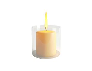 Lit candle in clear cylindrical glass holder against a stark black background