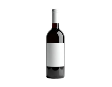 A wine bottle with blank white label, dark glass, and a white neck