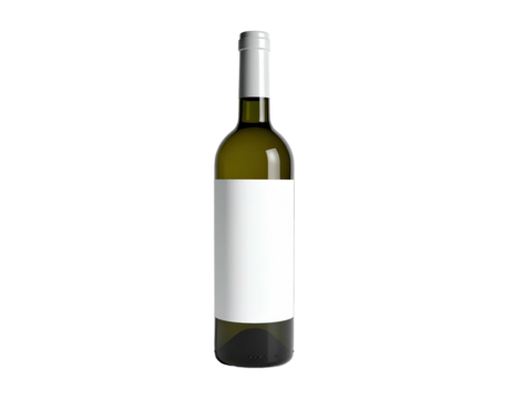A single green-tinted glass bottle of wine stands centered on black background