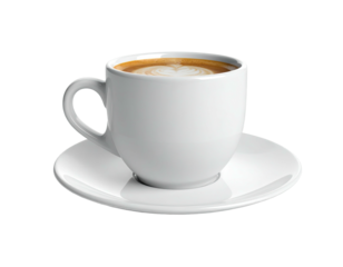 White ceramic cup and saucer hold a warm beverage with milk foam design