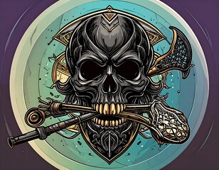 Grinning Skull with Lacrosse Stick and Geometric Background