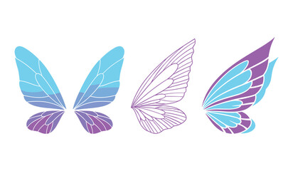 A set of three stylized butterfly wings in purple and blue on white background fairy wings insect wings