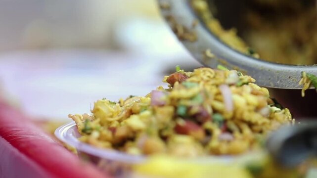 Spicy Indian snack Bhel puri. Quick Indian street food.