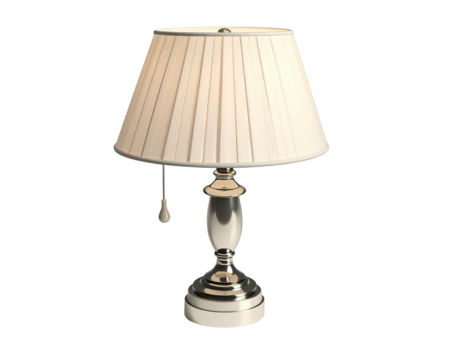 A classic table lamp with a pleated shade, chrome base, and pull chain