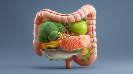 Healthy food such as broccoli apple fish salmon pasta and nuts inside human digestive system model representing nutrition gut health and balanced diet concept