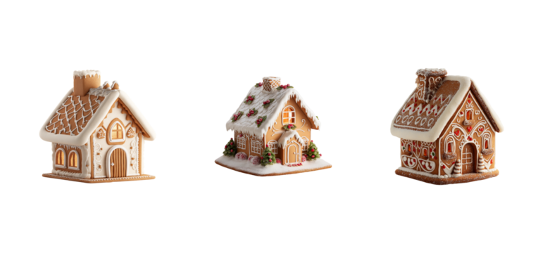 Three decorative gingerbread houses with icing and snow details isolated on transparent background - Powered by Adobe