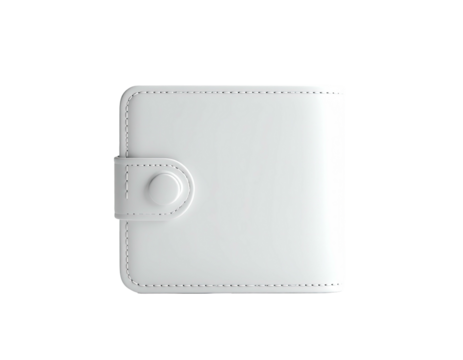 Square, white leather wallet with a button closure, isolated on a black background