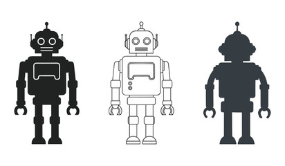 A set of three retro robot illustrations in black silhouette outline and dark gray vintage robot