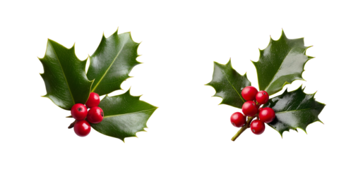 Two sprigs of holly with red berries isolated on transparent background