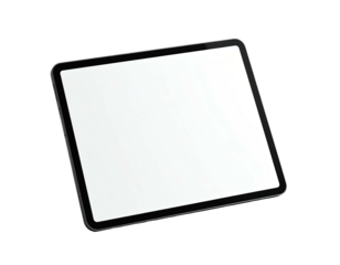 Angled, isolated tablet computer with black bezel and blank white screen