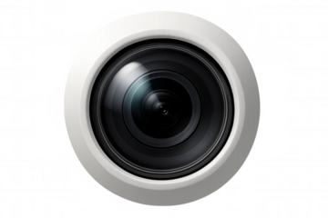 White digital camera lens representing technology, security, surveillance, and global observation, isolated on transparent background