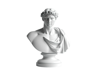 White marble bust of a man with curly hair and draped fabric, isolated