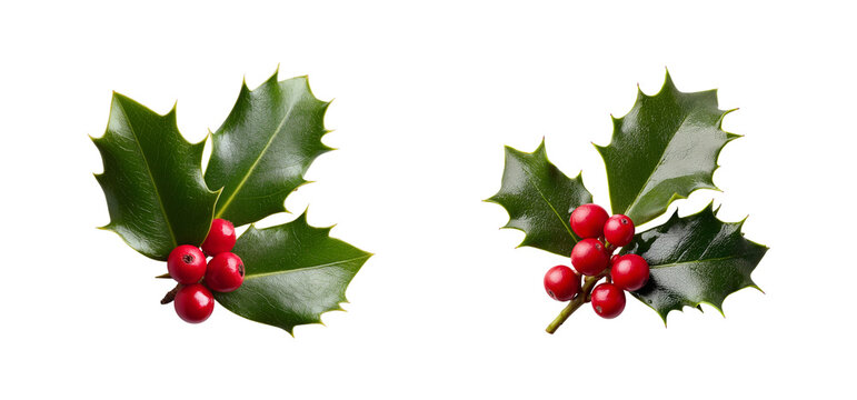 Two sprigs of holly with red berries isolated on transparent background