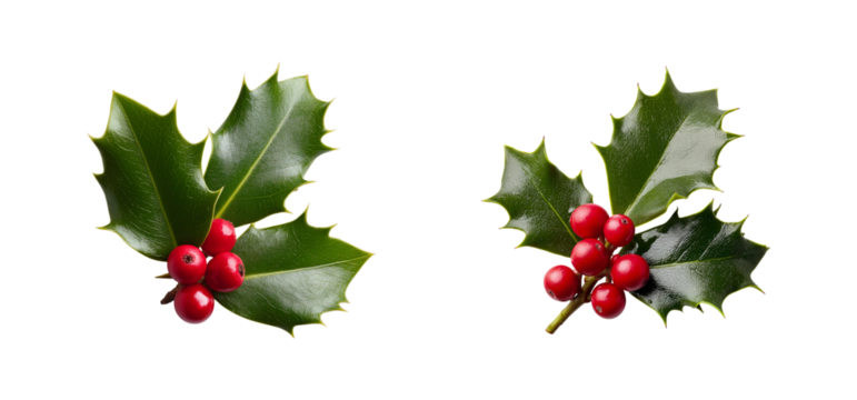 Two sprigs of holly with red berries isolated on transparent background