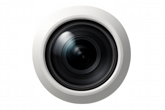 White digital camera lens representing technology, security, surveillance, and global observation, isolated on transparent background