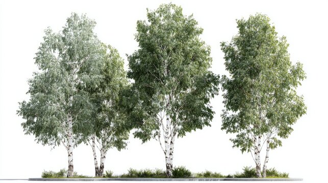 3D birch trees set with realistic foliage and textures, white bark, isolated on clear transparent background, landscape design render