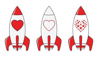 A set of three cartoon rockets red and white with heart and star designs spaceship space