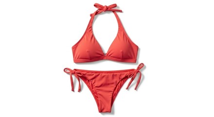 A terracotta-colored two-piece bikini swimsuit featuring a halter top with neck ties and a front clasp paired with tie-side briefs is displayed against a white background