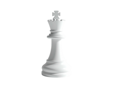 A solitary white chess king, rendered in 3D against a stark black background